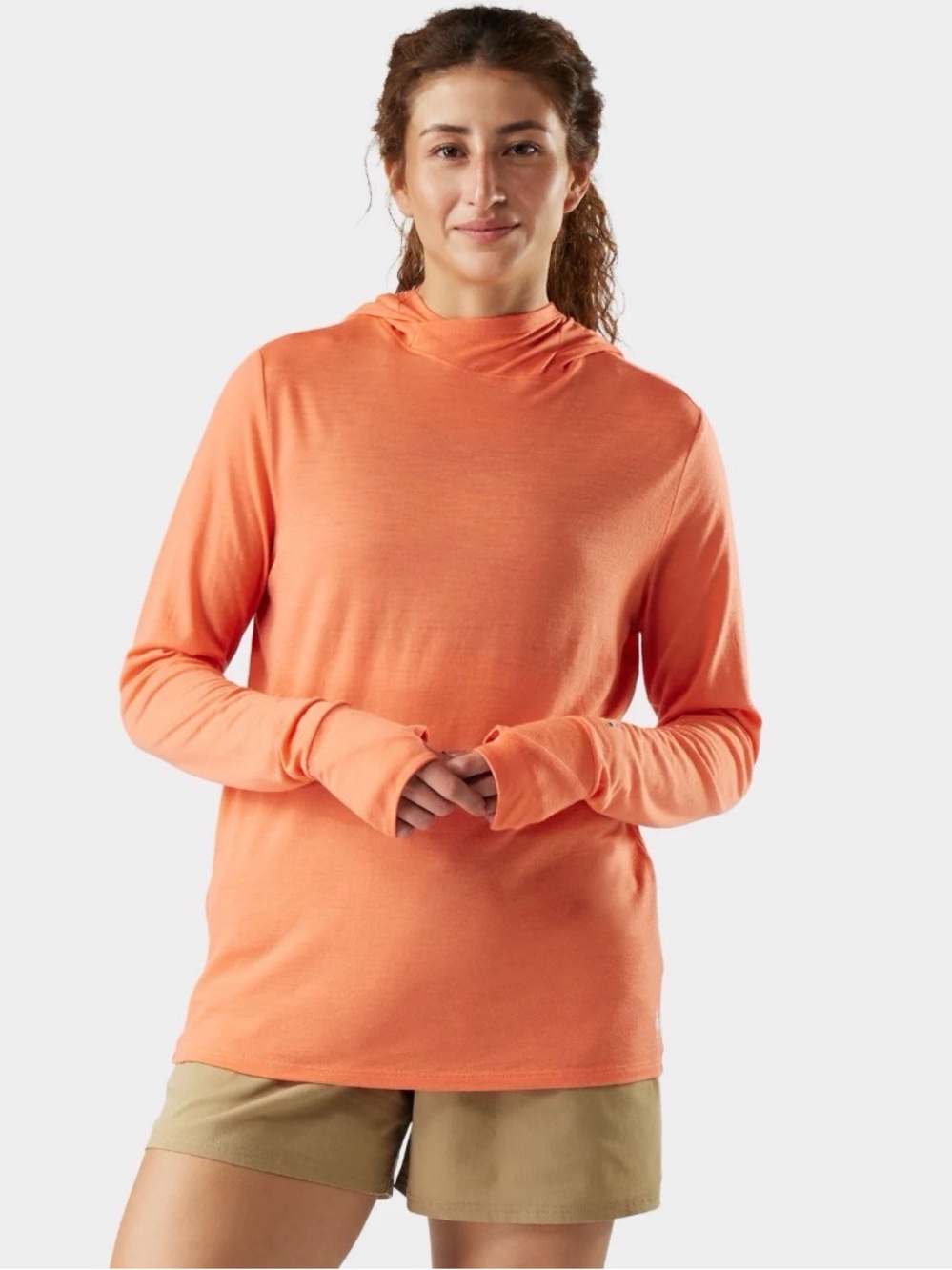 Smartwool Women's Merino Sun Hoodie Sz L coral orange color